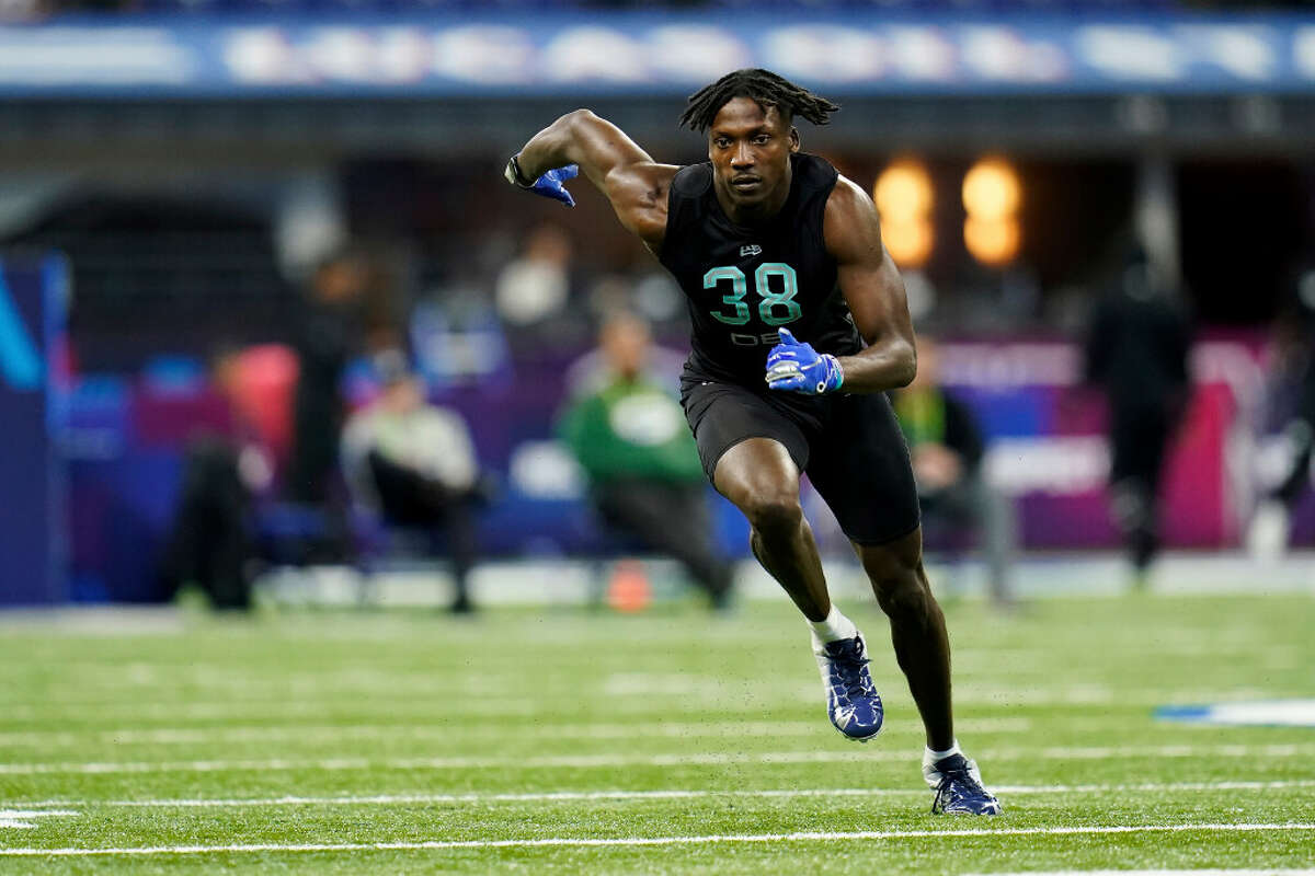 UTSA defensive back Tariq Woolen (38) participates in a drill at the NFL football scouting combine in Indianapolis, Sunday, March 6, 2022. (AP Photo/Steve Luciano)