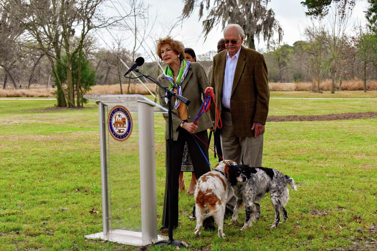 Laura and Brad McWilliams, after whom the new dog park at Hermann Park will be named, speak at a recent groundbreaking.