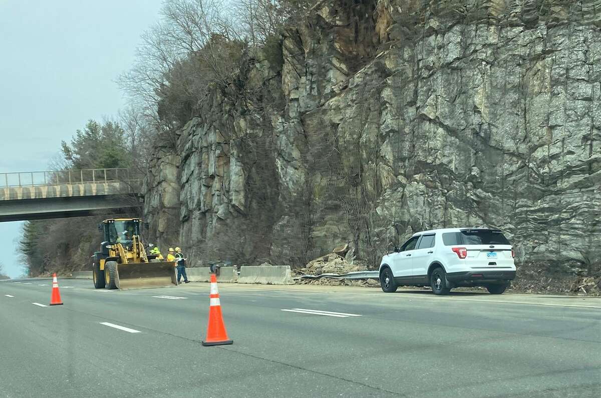 Police Landslide closes lane, drops rocks across Route 8 in Shelton