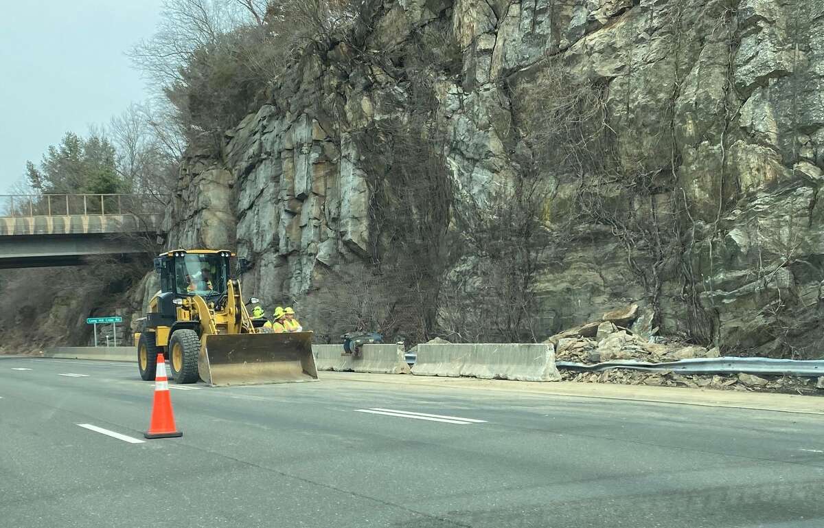Police Landslide closes lane, drops rocks across Route 8 in Shelton