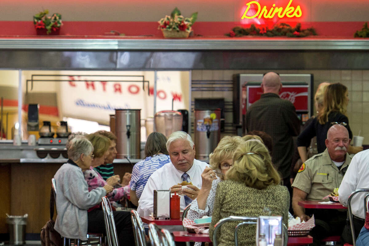 Patrons eat at the 1950s-style eatery, the Woolworth Diner, which shares the same space as Five and Dime antique mall in Bakersfield, Calif.