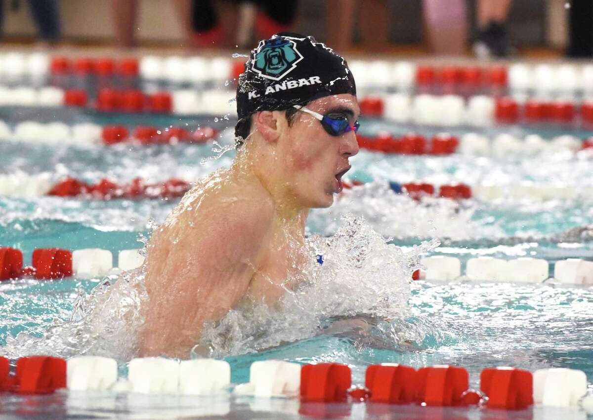 Kalen Anbar of the Norwalk/McMahon co-op swims the breaststroke during the 200 individual medley at the FCIAC boys swimming and diving finals.