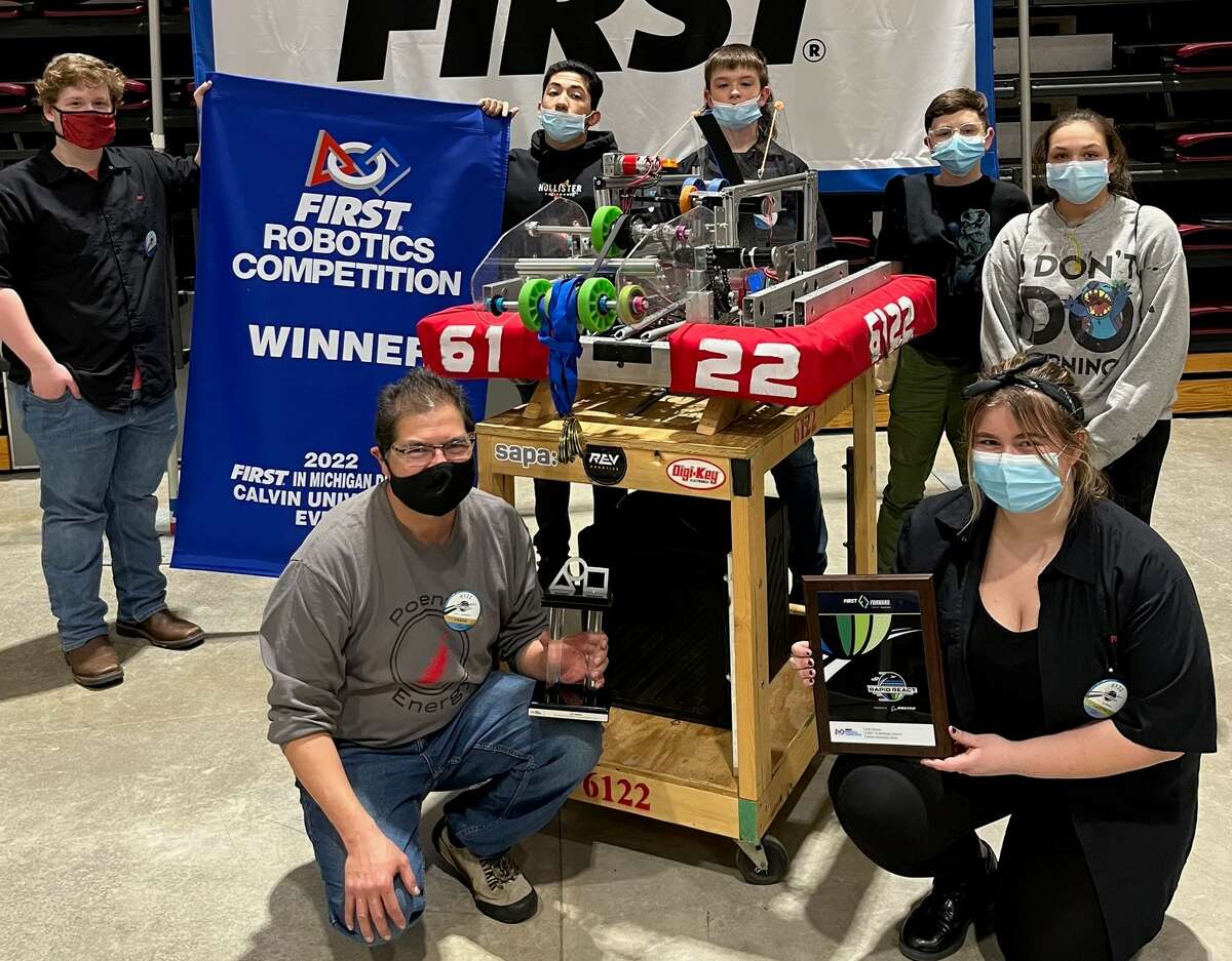 The Bear Lake robotics team, Potential Energy, poses for a photo after capturing a district championship at Calvin University over the weekend. Pictured are (front row, from left) team mentor Steve Gomez and Megan Gydesen; and (back row, from left) Bryce Tracy, Gabriel Aguilar, Jacob Farfsing, Ronin Peterson-Breitner and Mackenzie Decker. Not pictured: John Prokes, coach, and Isabella Cruz.