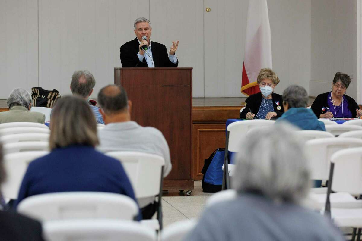 Attorney Benjamin Youngblood III talks to members of the San Antonio Area Retired Teachers Association about the importance and process of setting up a will and other retiree legal documents during a member meeting held at San Antonio Garden Center in San Antonio, Texas, Wednesday, Feb. 16, 2022.
