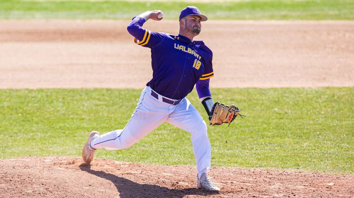 Averill Park graduate Anthony Germinerio of the UAlbany baseball team. He is 2-0 with a 0.95 earned-run average through three starts this season.