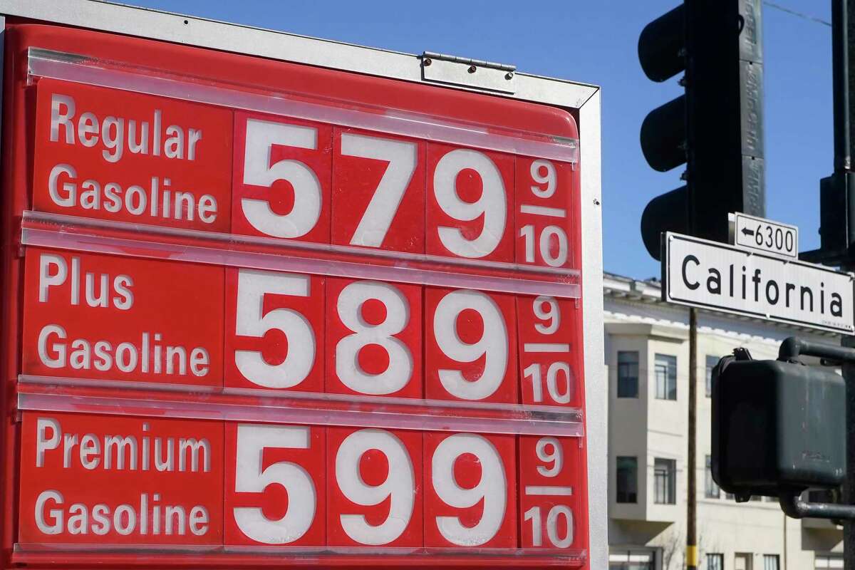 The price board at a gas station is shown next to a California Street sign in San Francisco, Monday, March 7, 2022.