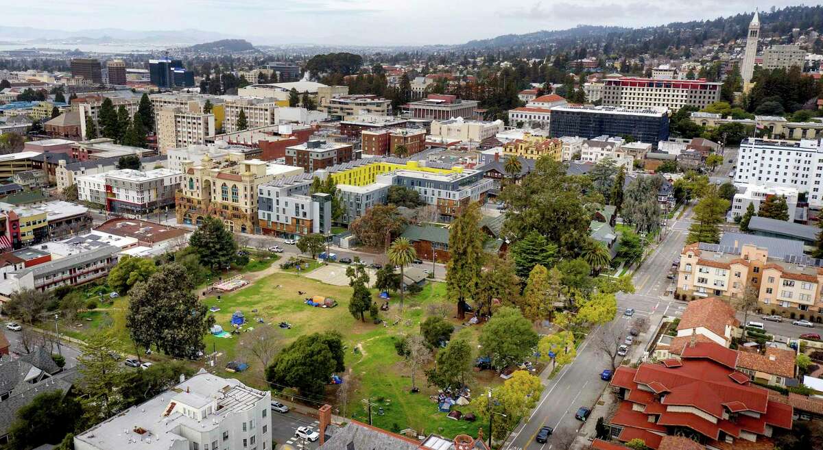 People’s Park is pictured with UC Berkeley’s campus in the background on Feb. 9, 2021, in Berkeley, Calif.