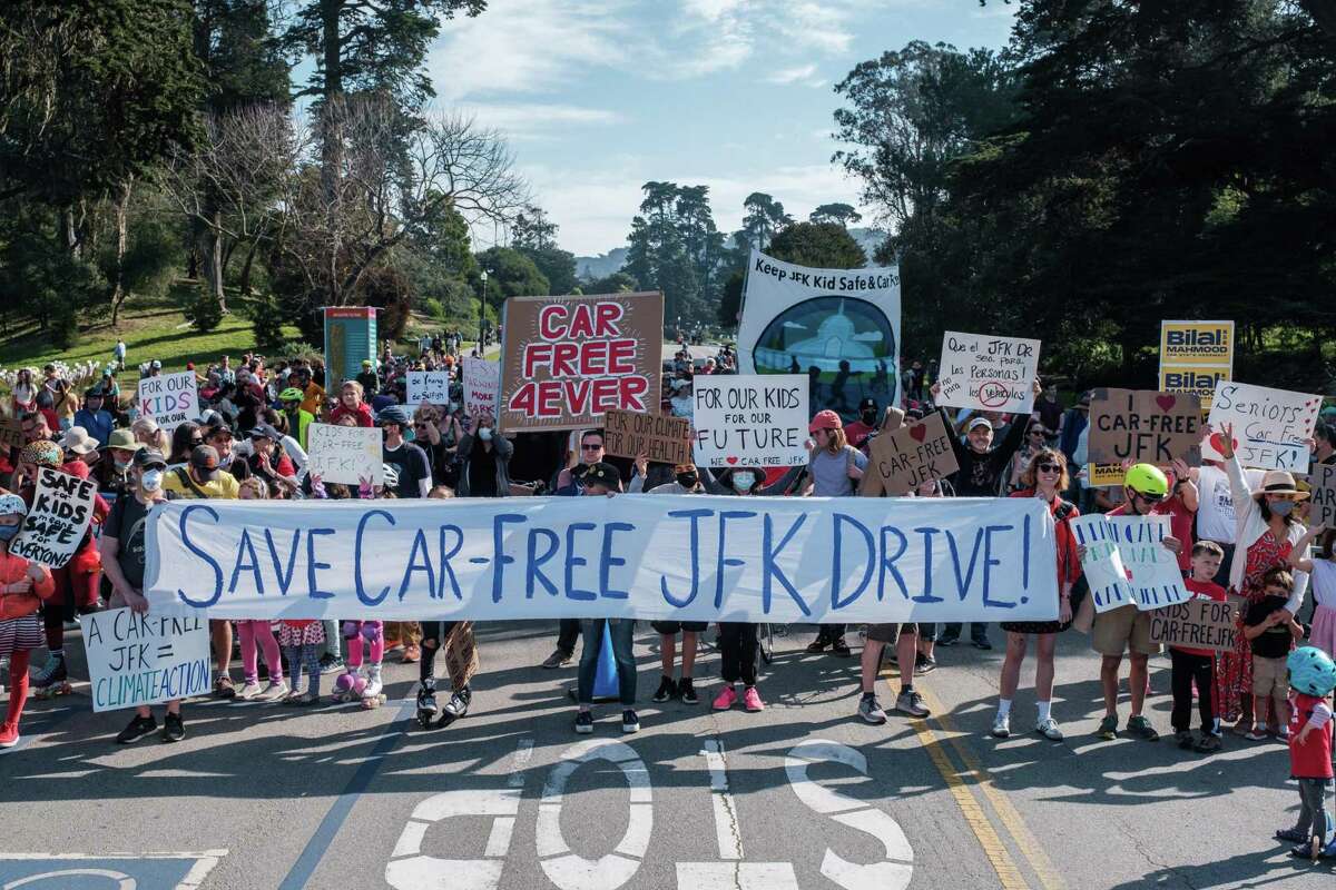 Hundreds march and ride during a “Save JFK” rally in Golden Gate Park on Feb. 12. Members of Walk SF organized the rally to garner support for keeping John F. Kennedy Drive car-free.