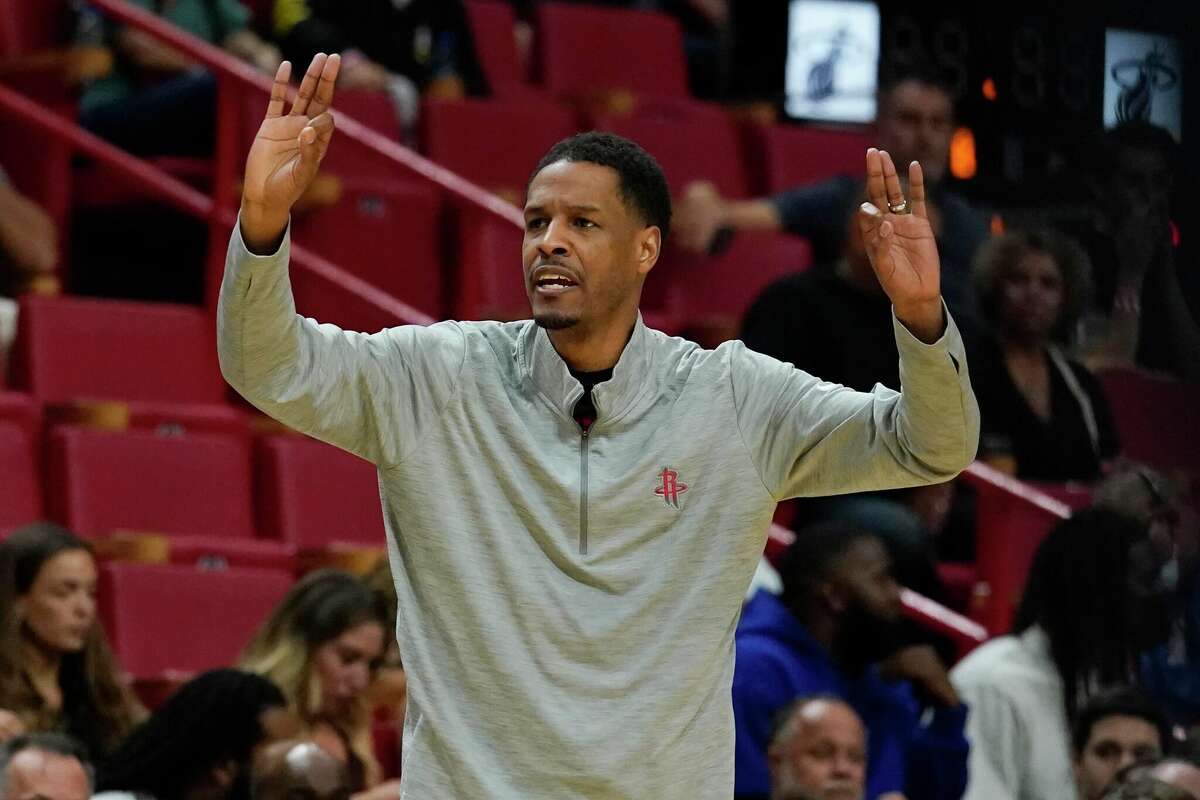 Houston Rockets head coach Stephen Silas gestures during the first half of an NBA basketball game against the Miami Heat, Monday, March 7, 2022, in Miami. (AP Photo/Marta Lavandier)