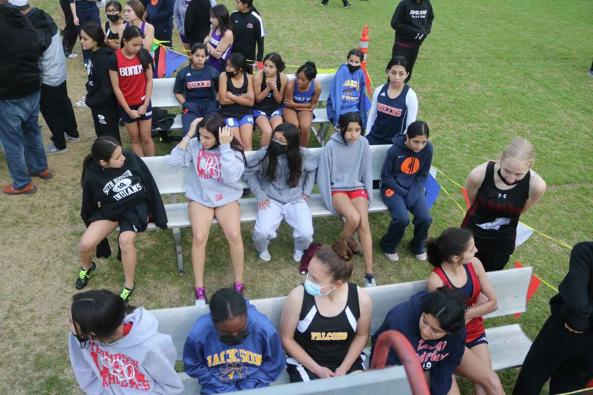 These are all 400-meter runners waiting for their turn to toe the starting line during Monday's opening night of the district track and field championships. Jackson Intermediate's Rockeria Rasberry won the eighth-grade race in 1:08.01 and Bondy's Kylie McCoy took the seventh grade race in 1:14.09.