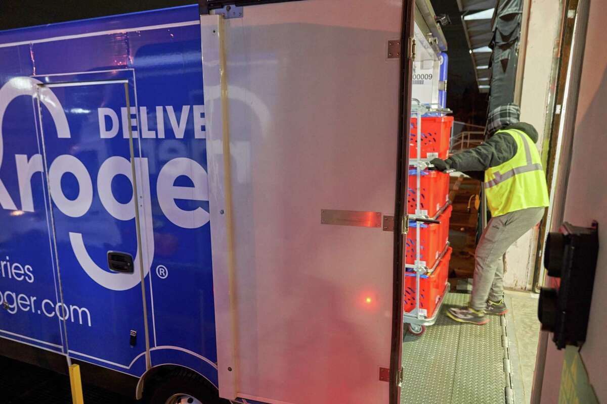 Delivery trucks being loaded at the Kroger’s “spoke” location in Indianapolis.