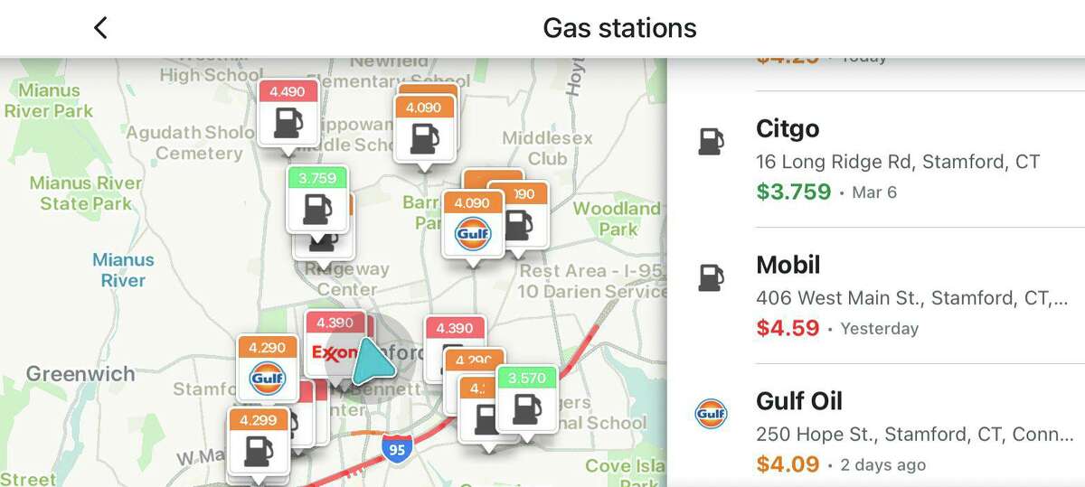 A screenshot showing gas stations in the Stamford, Conn., area on the Waze cellphone application on Tuesday, March 8, 2022.