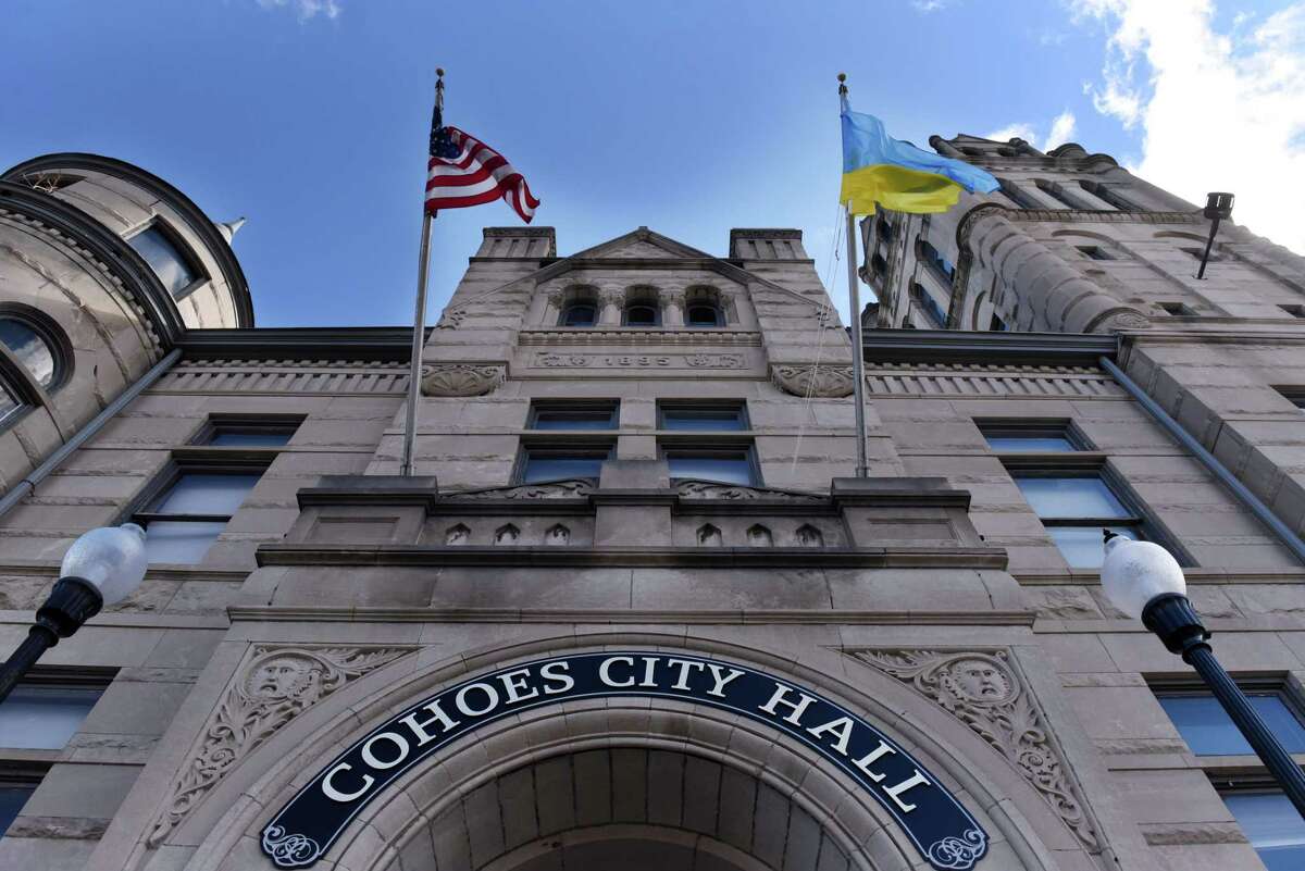 The Ukrainian flag is flown at Cohoes City Hall in a show of support for the people of Ukraine on Tuesday, March 8, 2022, in Cohoes, N.Y.