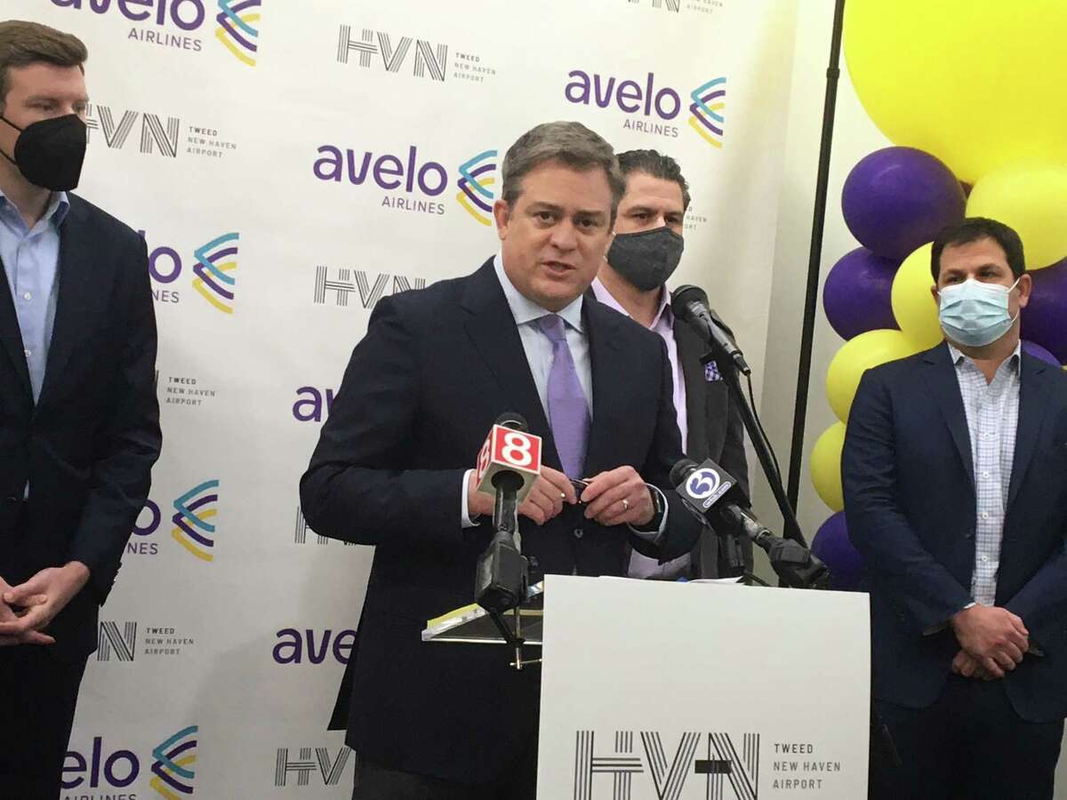 Avelo Airlines Chairman and CEO Andrew Levy announces new service from Tweed New Haven Regional Airport to Chicago's Midway International Airport, Baltimore-Washington International Airport and Raleigh-Durham International Airport at a press conference on Tuesday, March 7, 2022.