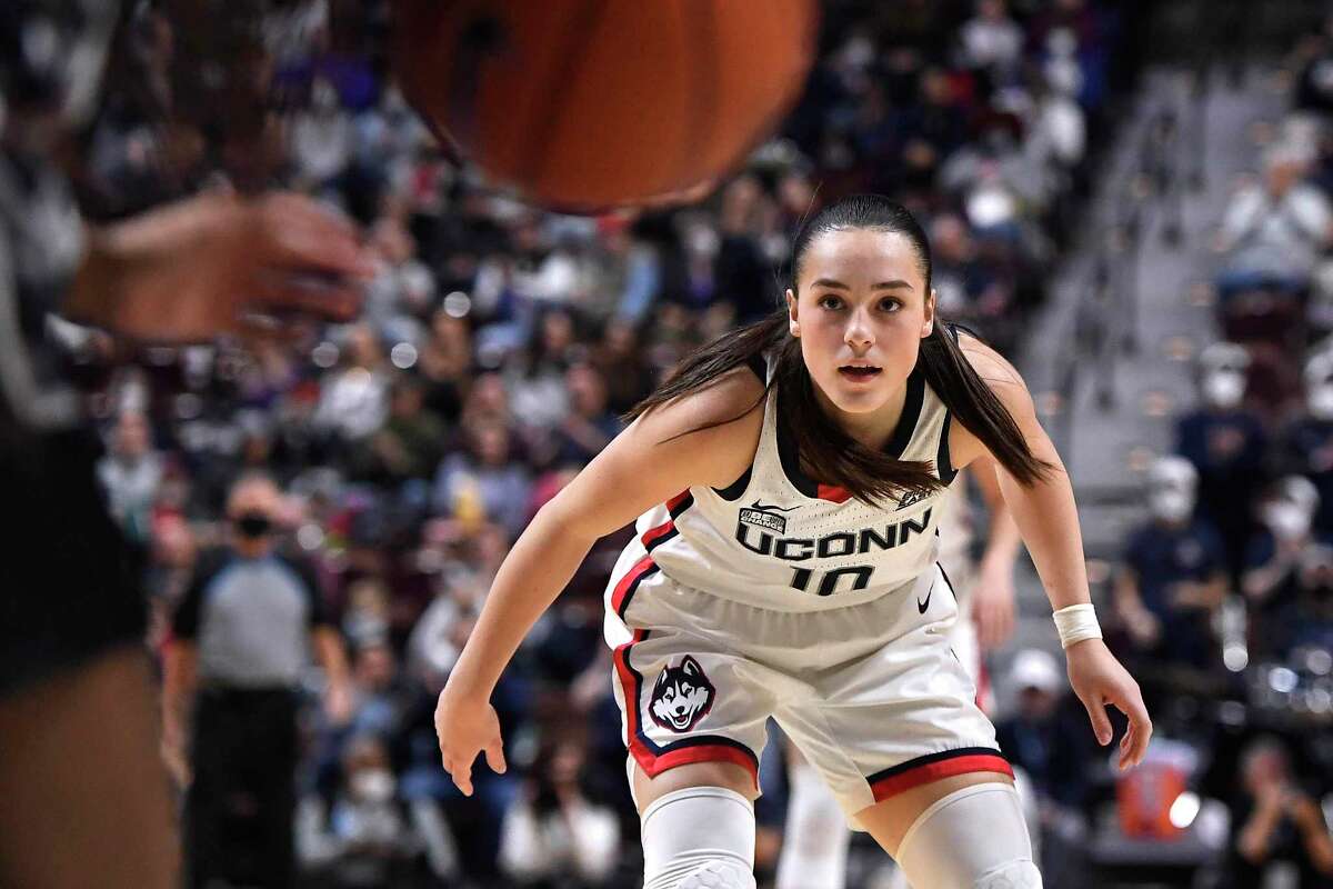 UConn’s Nika Mühl in the first half of an NCAA basketball game in the Big East tournament quarterfinals at Mohegan Sun Arena on March 5, 2022, in Uncasville, Conn. Mühl will be looked upon to take Paige Bueckers’ place in the lineup following Bueckers’ torn ACL.
