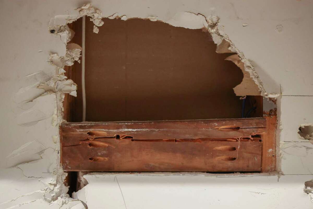 The hole in the wall that once secured Kellie Meyers’ safe in Hillsborough.
