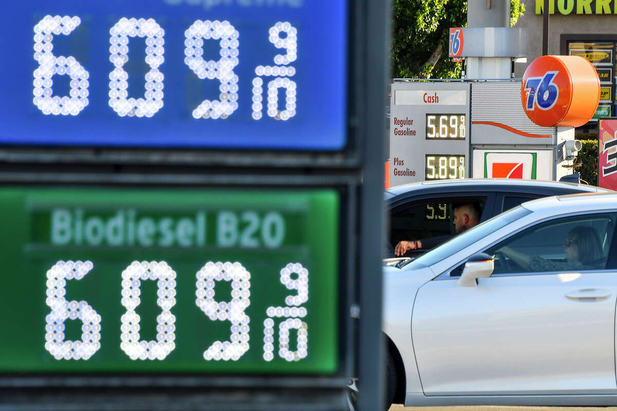 High gas prices at stations on the corner of Valley View Street and Chapman Avenue in Garden Grove, Calif., on Monday, March 7, 2022. 