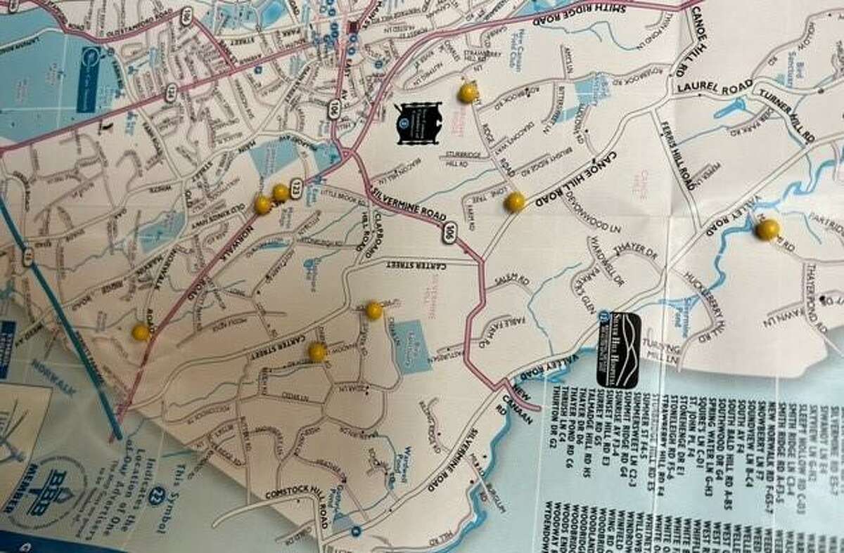 Allyson Halm of Animal Control starts a new map the first of each year to track reported animal sightings. The eight yellow tacks show the locations of bobcat sightings as of March 7.