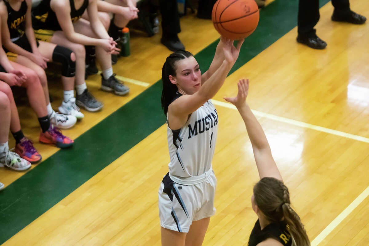Meridian's Taylor Hopkins takes a shot during a game against McBain Tuesday, March 8, 2022 at Houghton Lake High School.