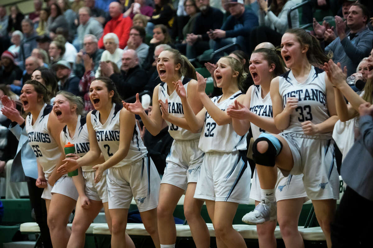 Meridian players react to a basket from the bench during a game against McBain Tuesday, March 8, 2022 at Houghton Lake High School.