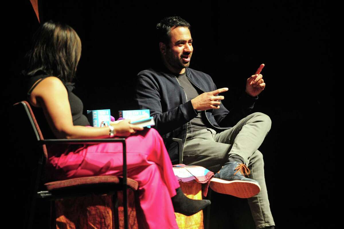 Actor, White House staffer and author Kal Penn, speaks with news anchor Joya Dass as part of the India Cultural Center (ICC) Speaker Series held at Greenwich High School's Performing Arts Center in Greenwich, Conn., on Tuesday March 8, 2022. This is the first in a new speaker series for the ICC that is designed to showcase the impact of South Asian Americans in America and the rest of the world.
