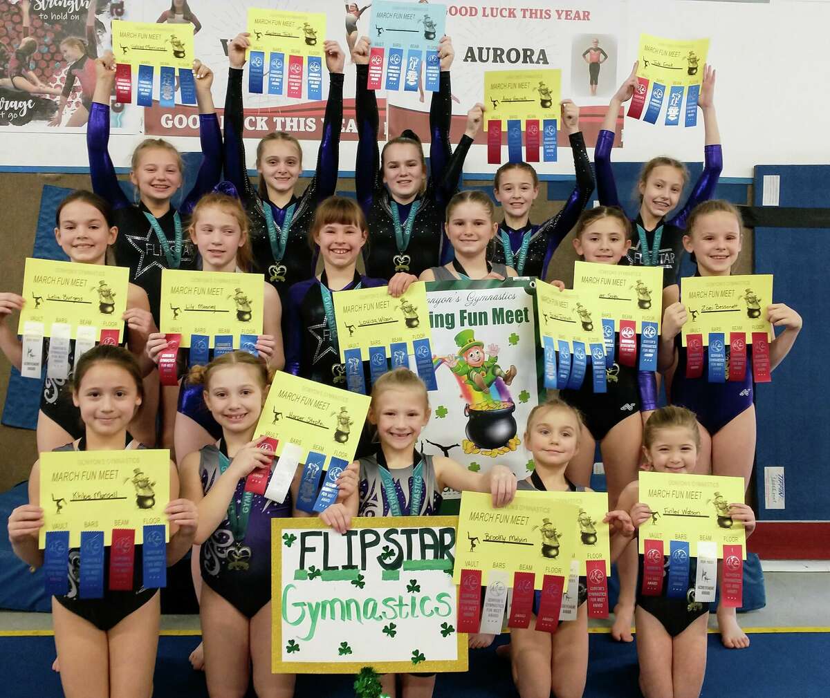 Flipstar Gymnastics had 16 gymnasts, several of them first time competitors, compete in a fun meet recently. These Flipstar gymnasts are from Ludington, Manistee, Freesoil, Baldwin, Pentwater, Muskegon, Custer and surrounding areas. Picture from left to right: (Back Row): Zoei Bessonett, Sydney Morrissey, Avery Heacock, Jade Emick, Nina Frick, Kaydence Taibl, Louisa Wilson, Bristol Jabrocki, River SayaFront Row: Harper Stepka, Brooklyn Melvin, Finley Watson, Khloe Munsell, Lily Meaney, Lelia Burgess and Gretchen Reed.  