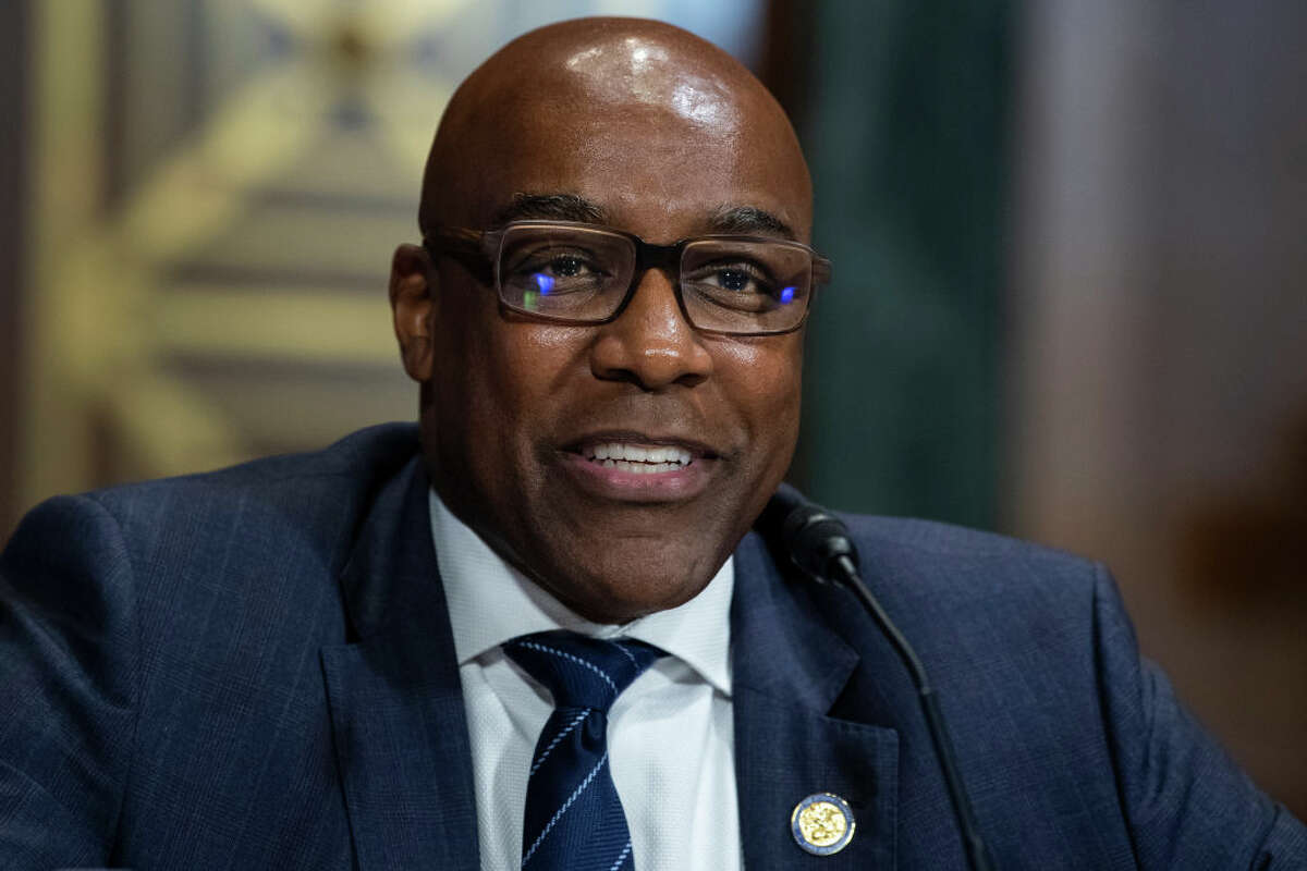 A photo of Illinois Attorney General Kwame Raoul testifying before a Senate Judiciary Committee. (Photo By Tom Williams/CQ-Roll Call, Inc via Getty Images)