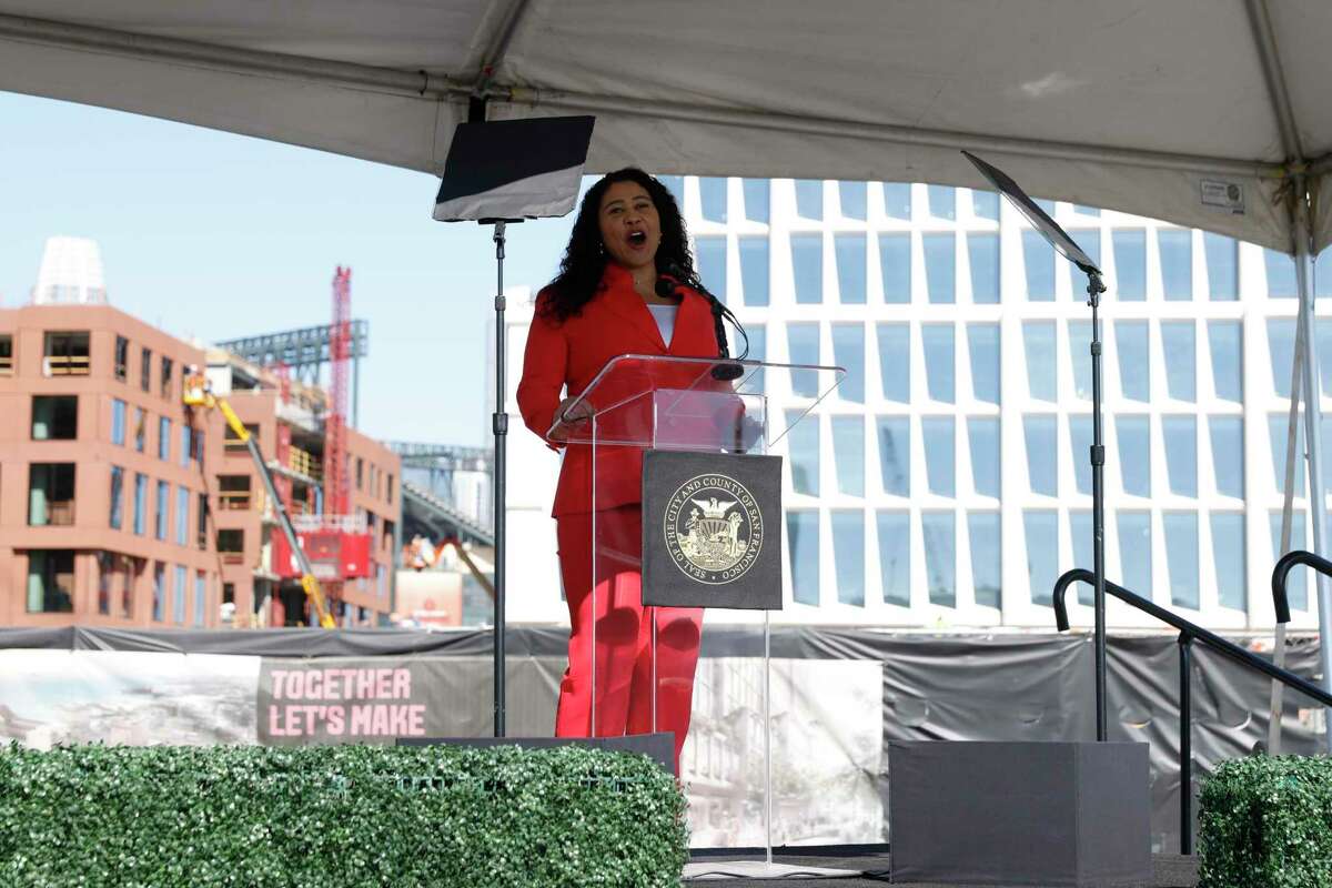 San Francisco Mayor London Breed speaks during the state of the city address at in San Francisco, California Wednesday, March 9, 2022.
