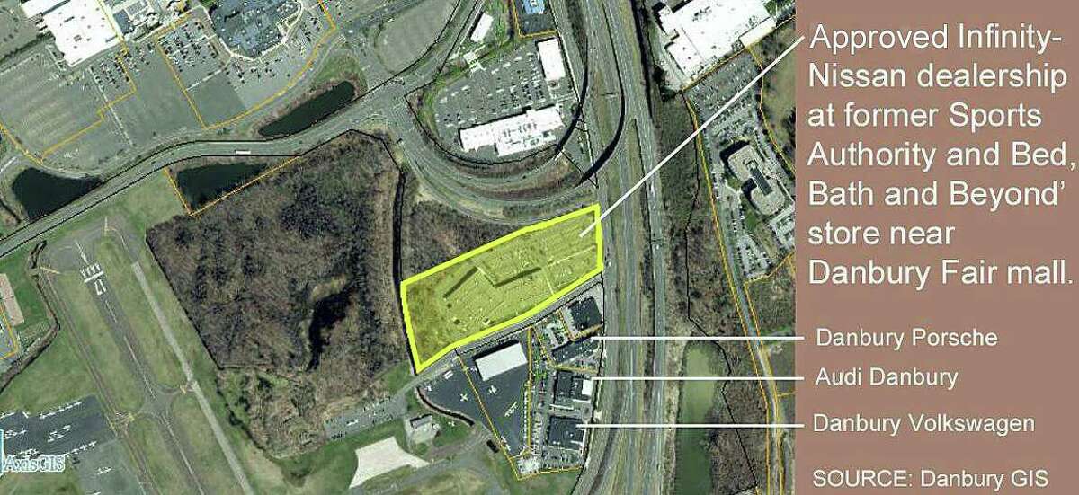 The former location of Sports Authority and Bed, Bath and Beyond (in yellow) next to Danbury Municipal Airport, where a new Nissan-Infinity dealership has been approved.