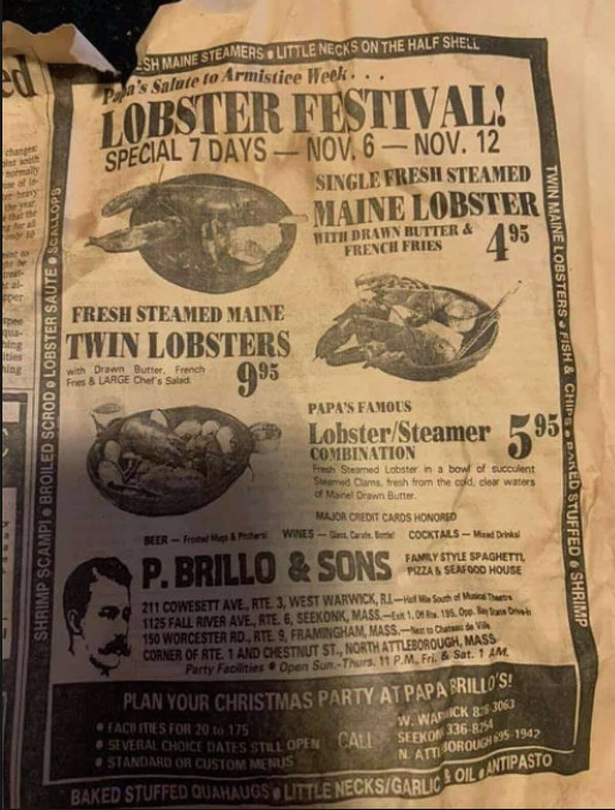 An ad from the original P. Brillo & Sons chain of New England Italian restaurants of the 1970s and 1980s. It inspired Papa Brillo's, a new restaurant in the Sterup Square plaza in Pittstown.