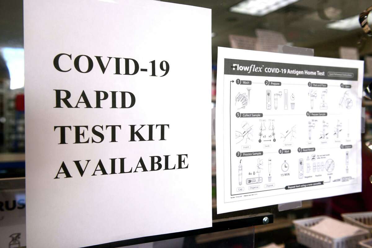 COVID-19 Antigen home test kits available at one of the Hancock Pharmacy locations in Bridgeport, Conn. Jan. 4, 2022.