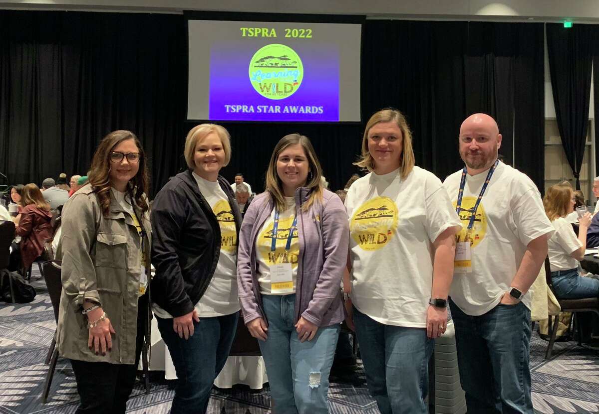 Alvin Independent School District communications team members Tammy Mentzel, left, Renae Rives, Kinsey Droege, Rachel Moore and Phil Jean attend the Texas State Public Relations Association conference Feb. 21-24 in Round Rock. The district received a Best of Show, nine gold awards, two silver awards and one bronze award as well as a Crystal Certificate of Merit for work in 2020-2021.