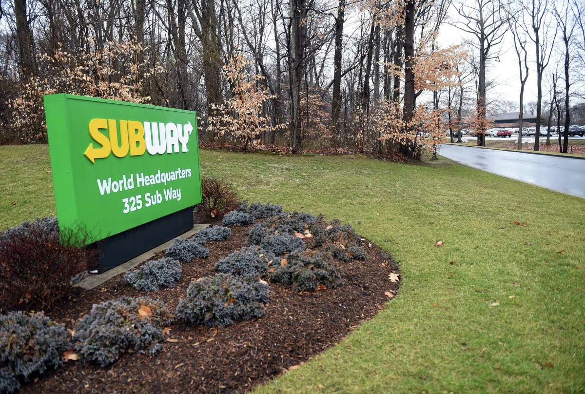 A sign at the Subway world headquarters in Milford. The company has 446 restaurants in Russia, but it has not announced any plans to suspend or reduce operations in the country in response to the Russian invasion of Ukraine.