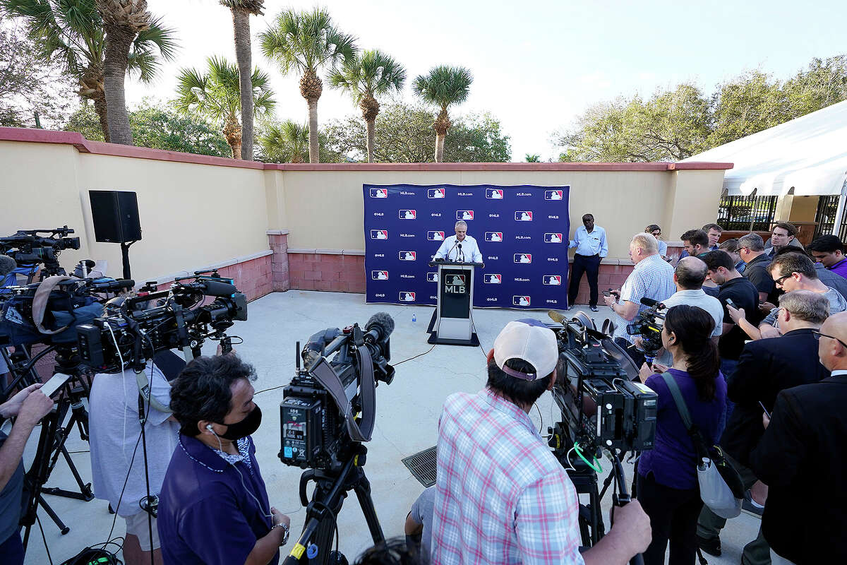 Major League Baseball Commissioner Rob Manfred speaks during a news conference after negotiations with the players' association toward a labor deal, Tuesday at Roger Dean Stadium in Jupiter, Fla.