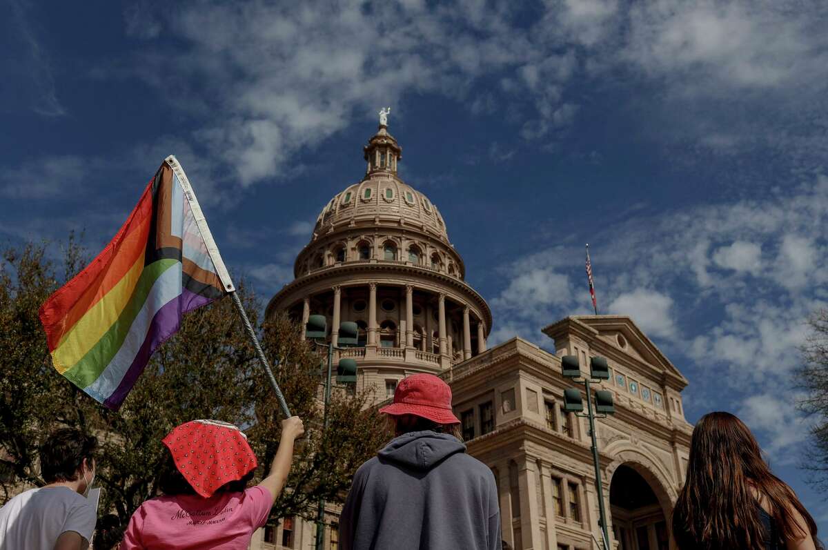 Demonstrators converge at the Texas Capitol in Austin on March 1 to protest state policies on transgender youth.