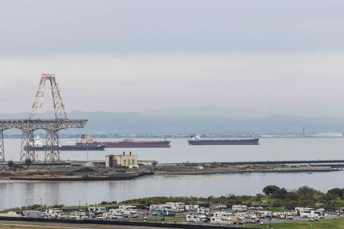 RVs are seen parked inside Bayview Vehicle Triage Center at Candlestick Point State Recreation Area in San Francisco, California Thursday, March 3, 2022.