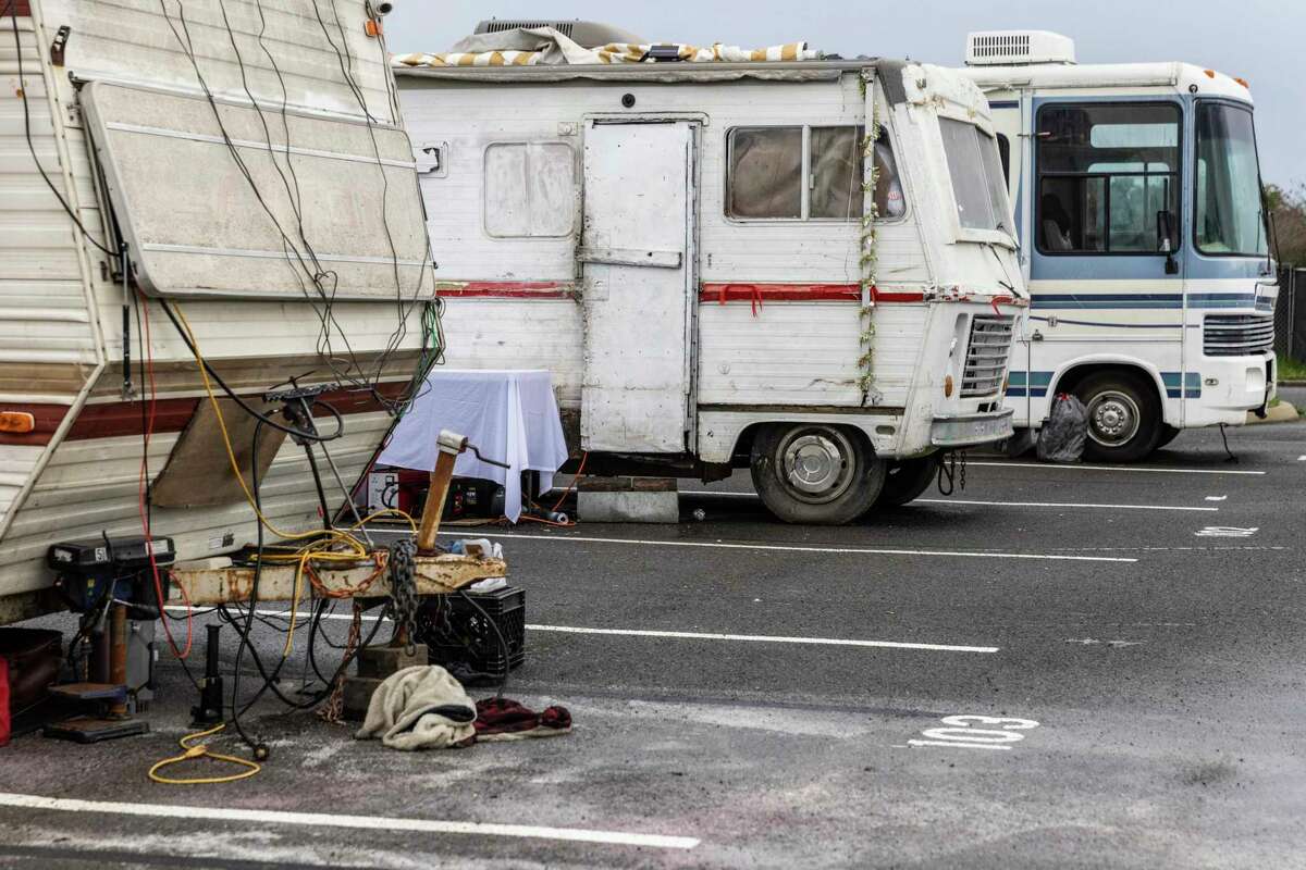 RVs are seen parked inside Bayview Vehicle Triage Center at Candlestick Point State Recreation Area in San Francisco, California Thursday, March 3, 2022.