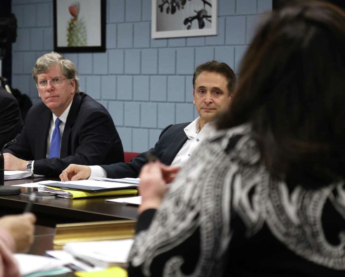 Board of Finance members Michael Kaelin, left, and Stewart Koenigsberg, pictured in February 2020, weighed in on the amended BOE budget on Tuesday.