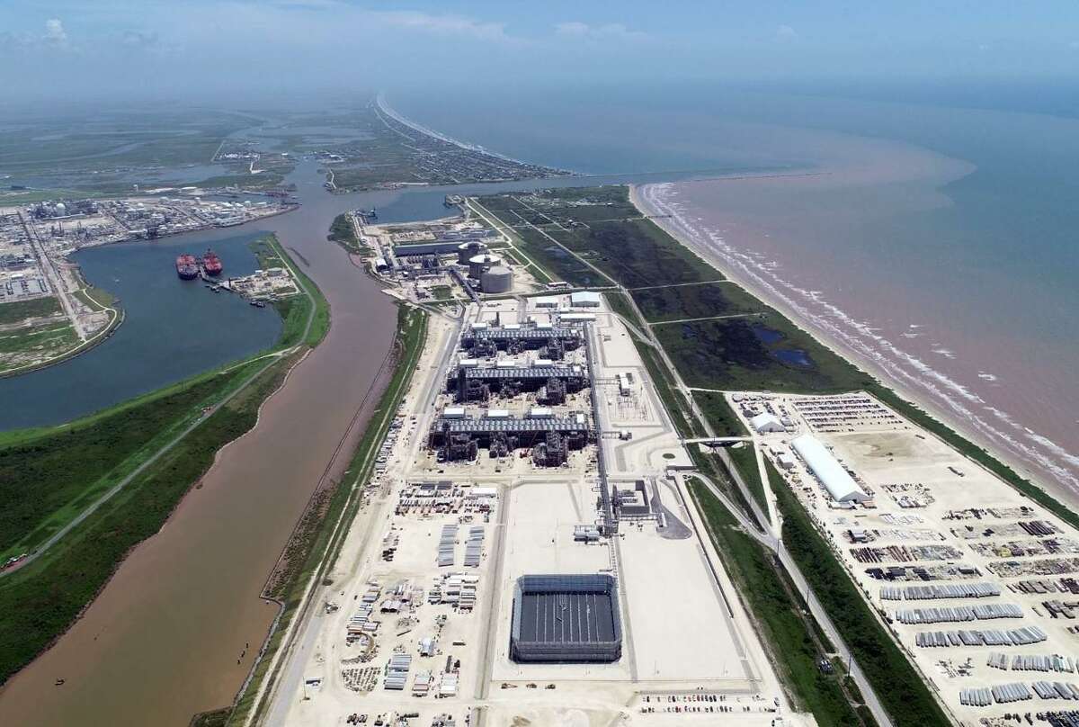 Aerial view of the Freeport LNG export terminal near the Brazoria County town of Quintana. The first production unit has been completed but construction continues for two more. Once all three are in operation, the liquefied natural gas facility will be able to produce up to 15 million metric tons of LNG per year.