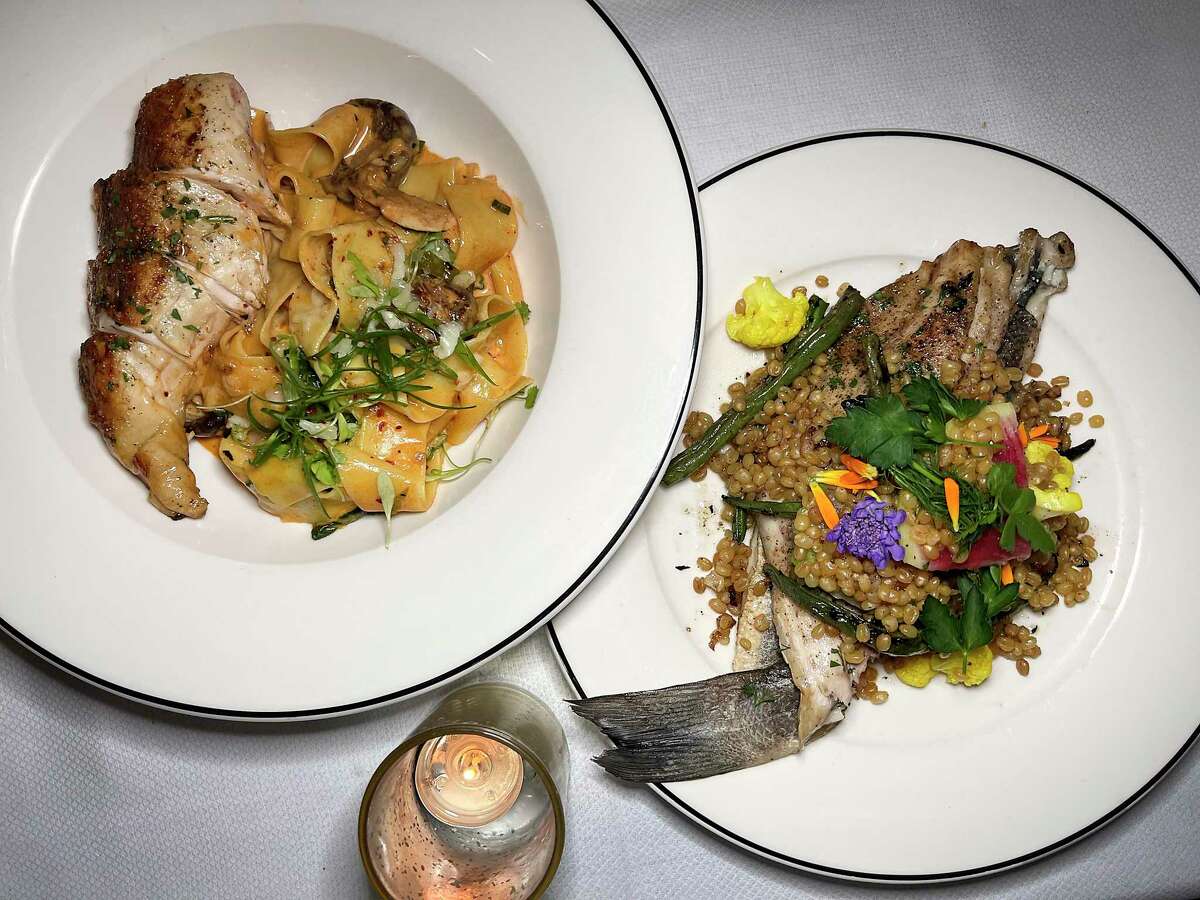 Entrees include grilled chicken with pappardelle pasta, left, and branzino with wheat berries and green beans at Supper, the restaurant at Hotel Emma at the Pearl.