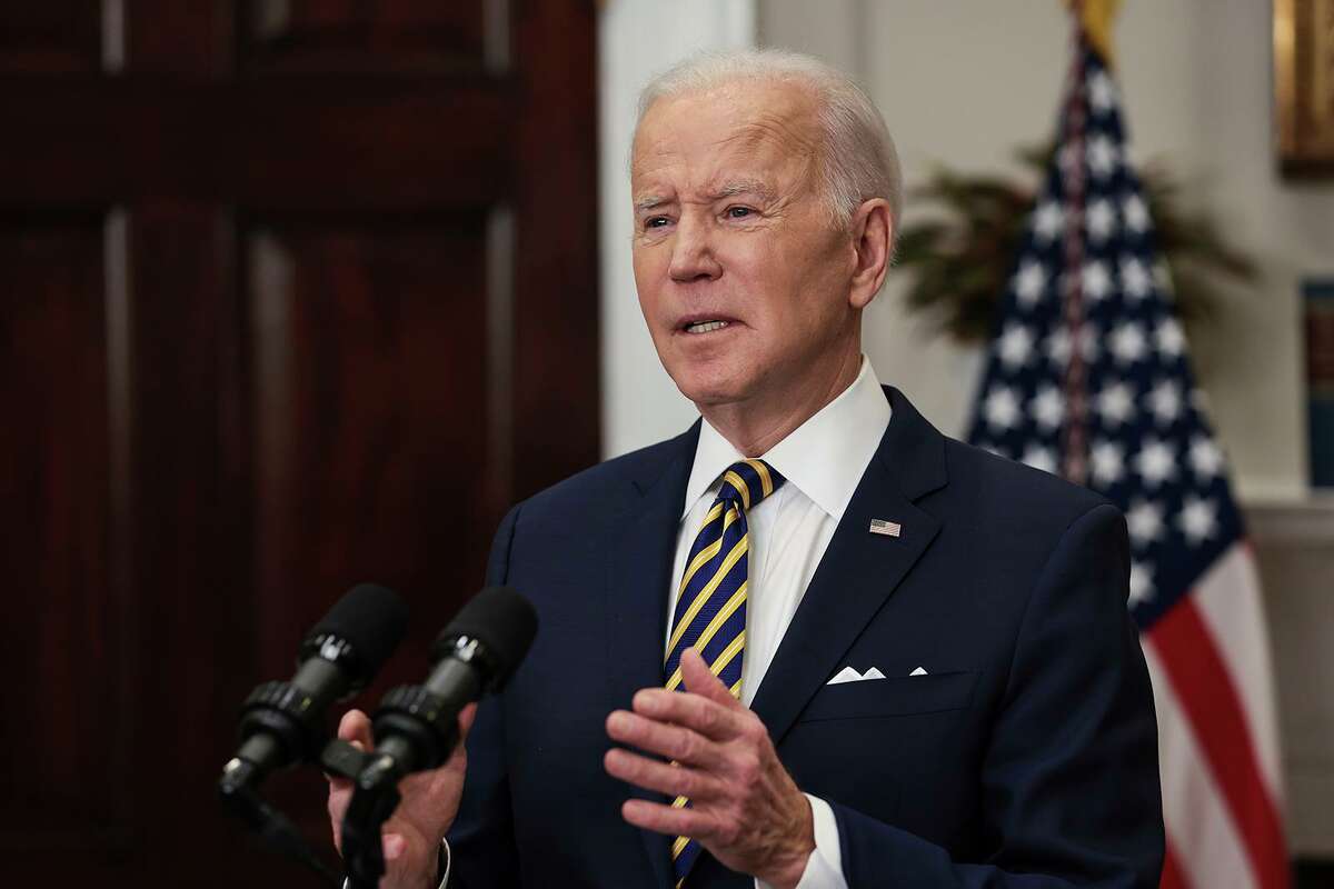 President Joe Biden speaks in the Roosevelt Room of the White House on Tuesday, March 8, 2022, in Washington, D.C. During his remarks, Biden announced a full ban on imports of Russian oil and energy products as an additional step in holding Russia accountable for its invasion of Ukraine. (Win McNamee/Getty Images/TNS)