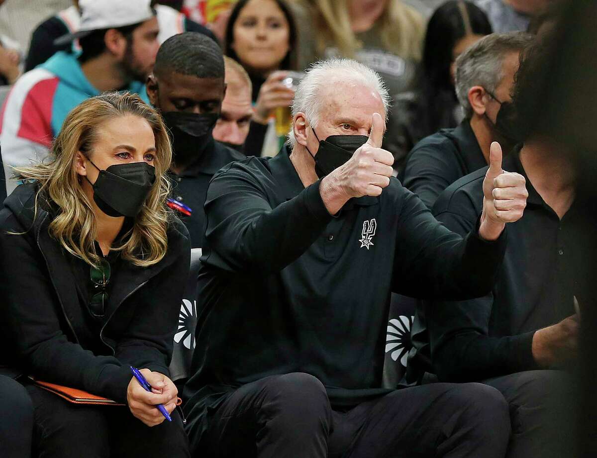 San Antonio Spurs head coach Gregg Popovich gives a thumbs up before the start of their game against the Toronto Raptors on Wednesday, March 9, 2022 at the AT&T Center