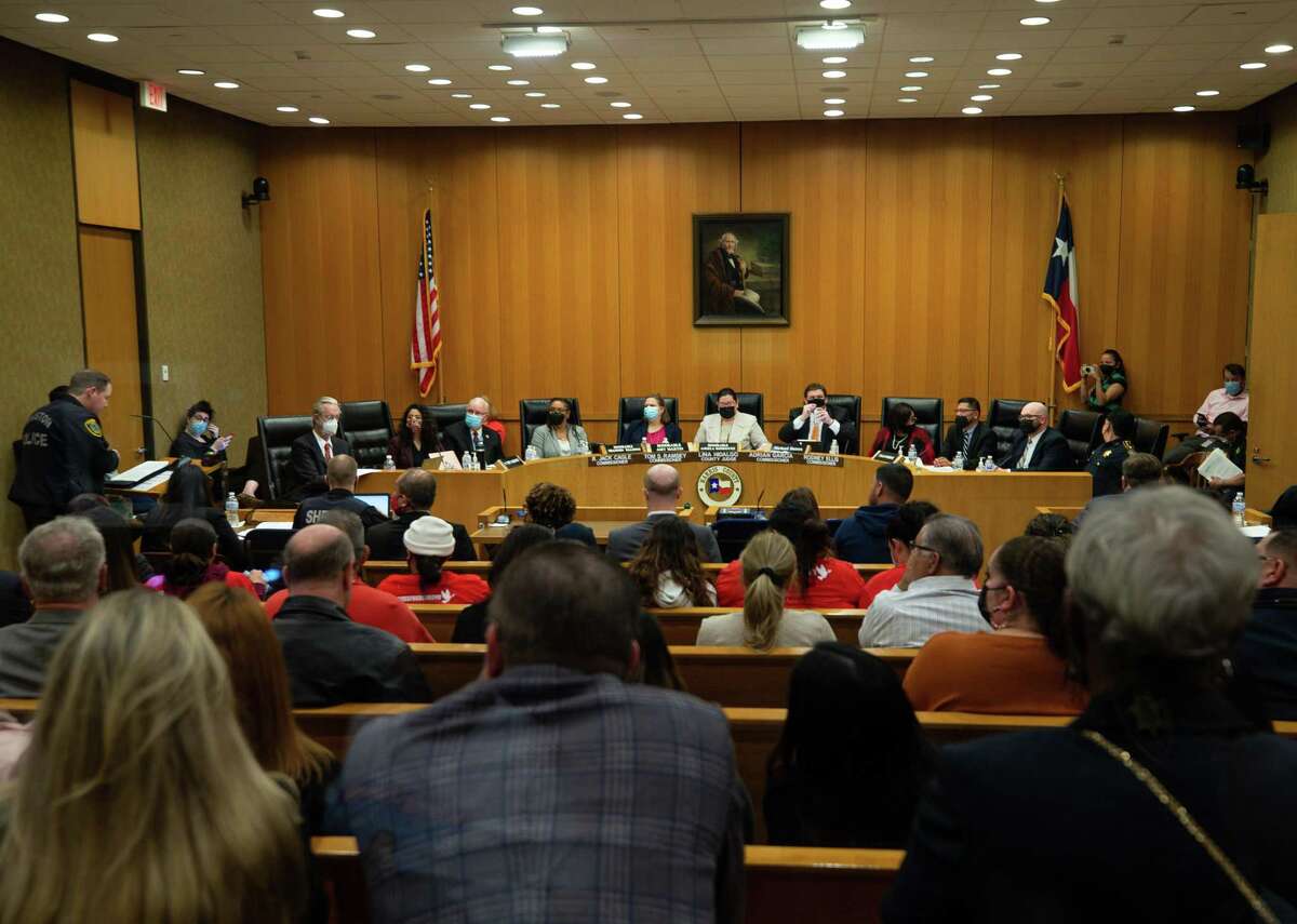 A full room at Harris County Commissioners Court as the county’s bail bond board met to consider the recommendation to require that bonding companies collect a minimum 10 percent of bail before posting a surety bond, on Wednesday, March 9, 2022, in Houston.