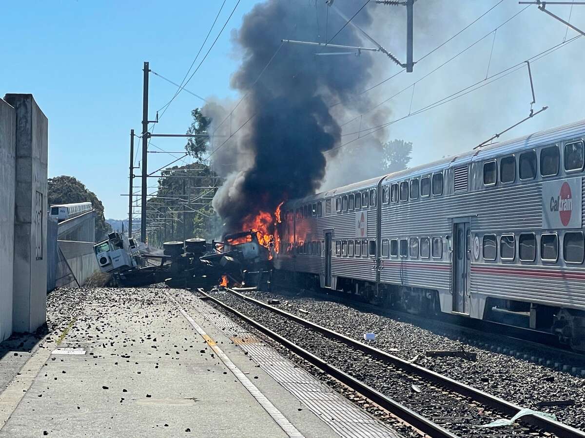 A Caltrain caught fire after striking a vehicle in San Bruno, Calif. on March 10, 2022.