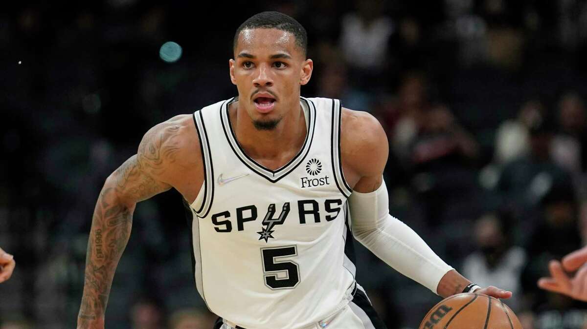 San Antonio Spurs guard Dejounte Murray (5) during the second half of an NBA basketball game, Wednesday, March 9, 2022, in San Antonio. (AP Photo/Eric Gay)