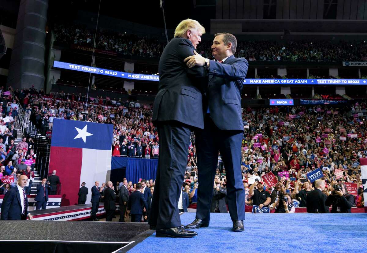FILE - President Donald Trump meets with Sen. Ted Cruz (R-Texas) during a campaign event in Houston, Oct. 22, 2018. In 2016, the Texas senator addressed his fellow Republicans but declined to explicitly endorse President Donald Trump. One close Senate race and many conciliatory public comments later, he is on the sidelines this year. (Doug Mills/The New York Times)