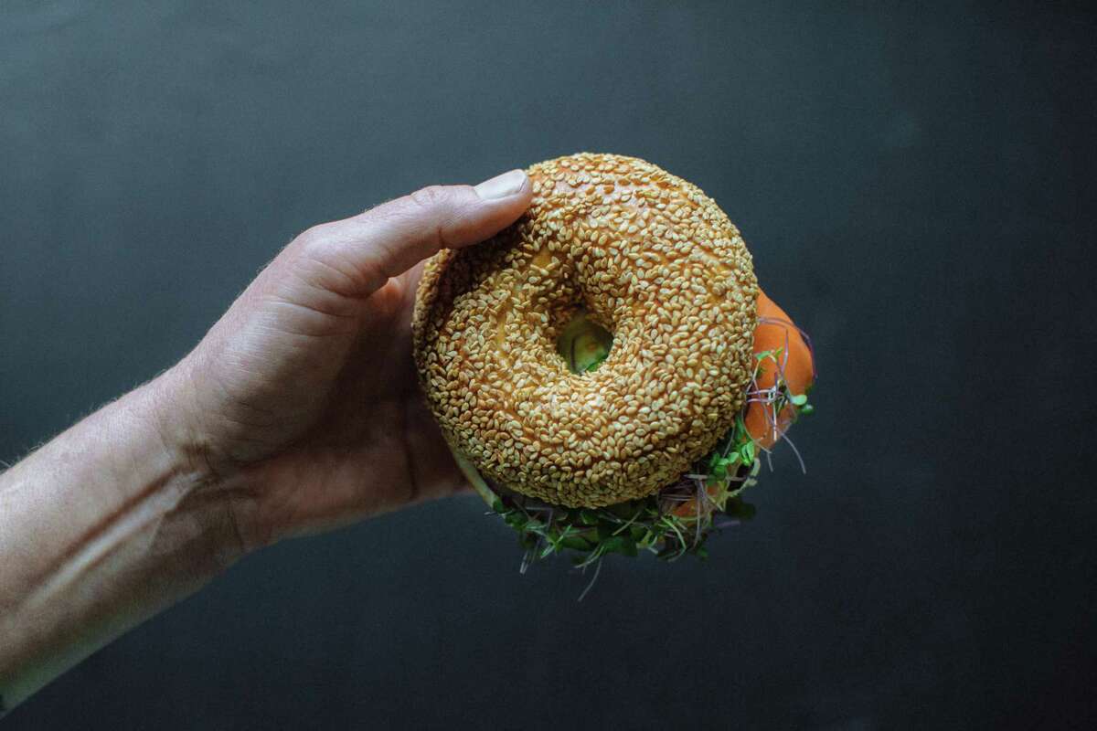 A sesame bagel sandwich with wild smoked lox, capers, dill and microgreens from Ethel’s Bagels in Petaluma.