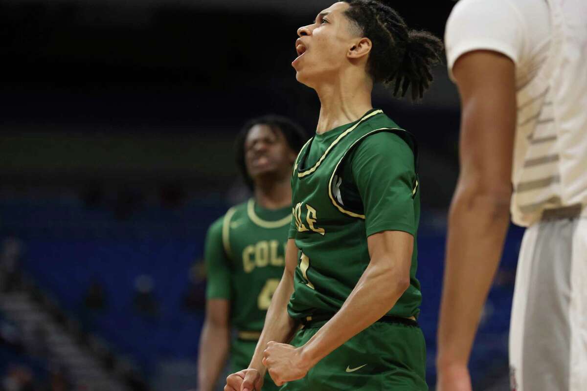 Cole Cougars' Silas Livingston reacts after scoring during the second half of the Class 3A State Semifinals against the Hitchcock Bulldogs at the Alamodome, Thursday, March 10, 2022. Cole won, 53-49 and moves on to the final game against Dallas Madison on Saturday.