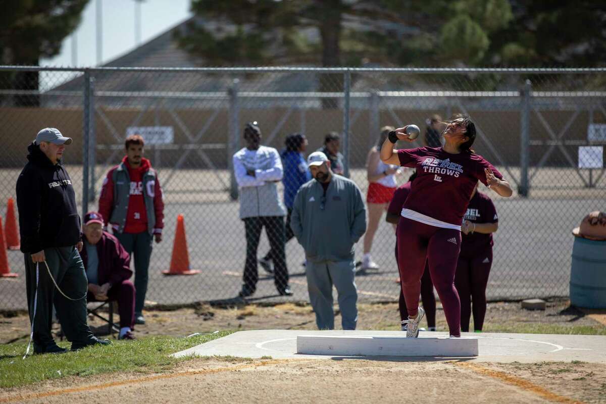 Legacy’s Leah Acosta throws the shot put during the West Texas Relays on Thursday, March 10, 2022 at Ratliff Stadium in Odessa. Jacy Lewis/Reporter-Telegram