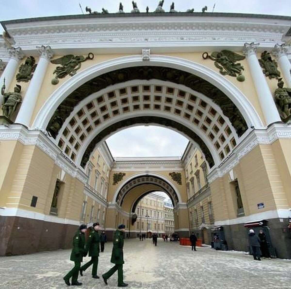 Soldiers patrolling Palace Square, St. Petersburg.